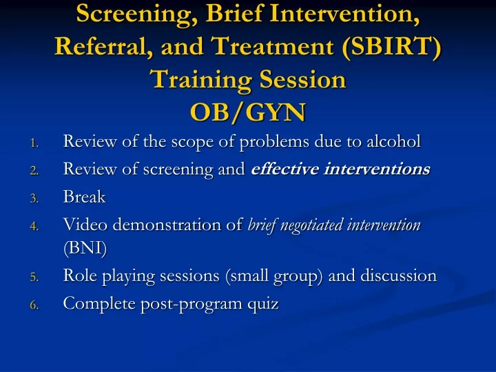 screening brief intervention referral and treatment sbirt training session ob gyn
