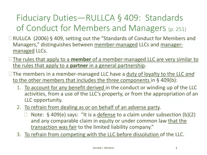 fiduciary duties rullca 409 standards of conduct for members and managers p 251