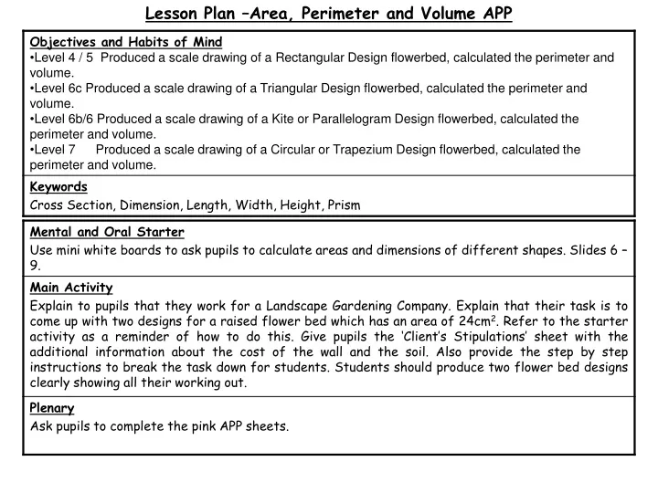 lesson plan area perimeter and volume app
