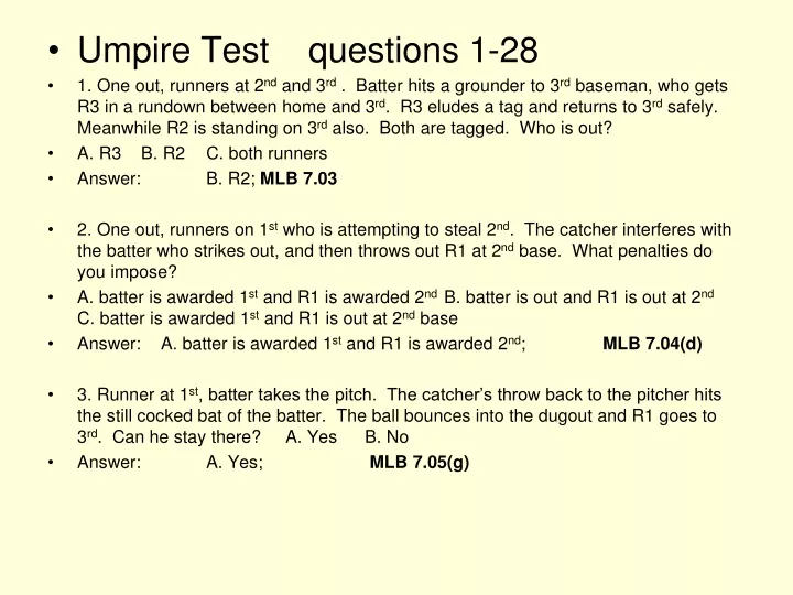 umpire test questions 1 28 1 one out runners