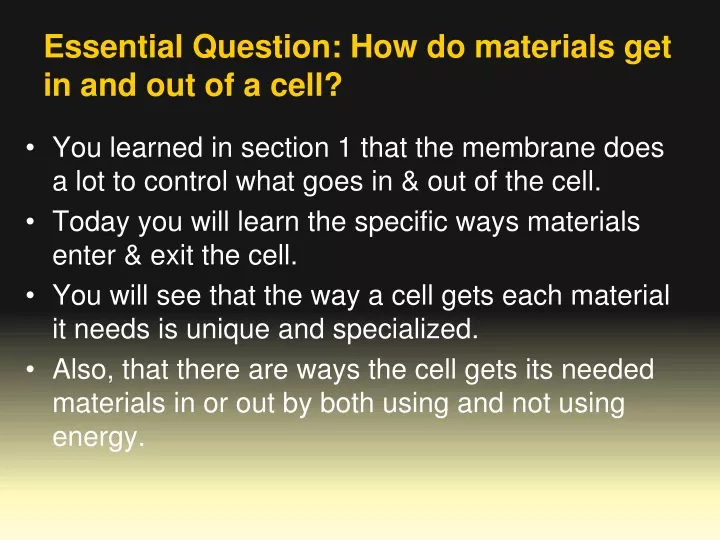 essential question how do materials get in and out of a cell