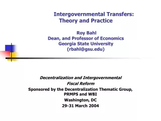 Decentralization and Intergovernmental  Fiscal Reform