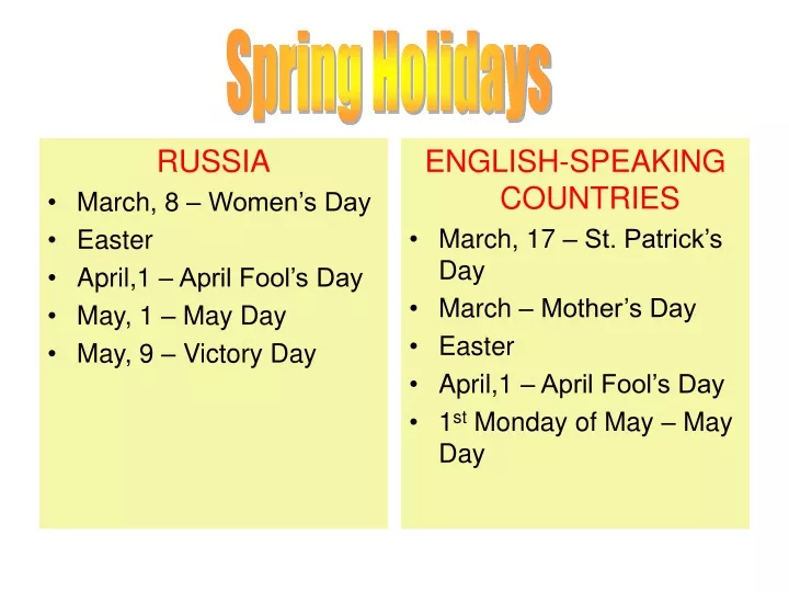 russia march 8 women s day easter april 1 april