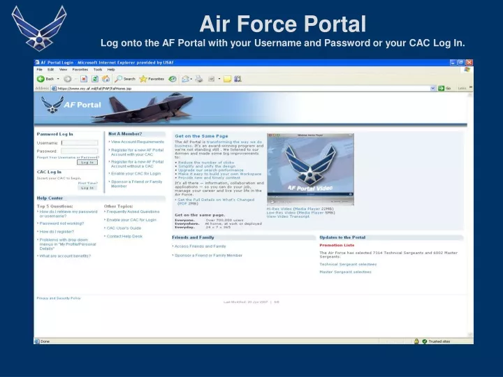 air force portal log onto the af portal with your username and password or your cac log in