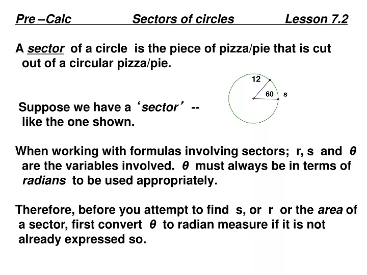 pre calc sectors of circles lesson 7 2 a sector