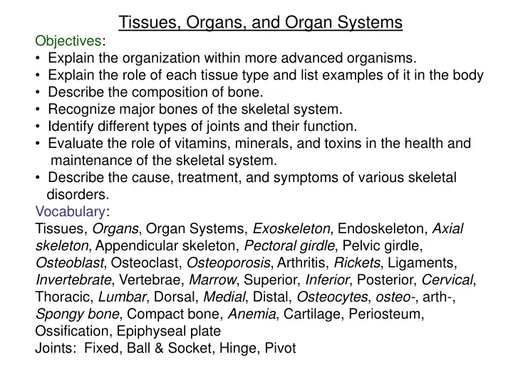 tissues organs and organ systems objectives