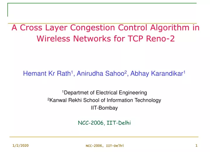 a cross layer congestion control algorithm in wireless networks for tcp reno 2