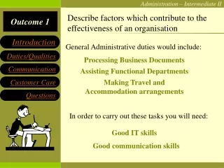 Describe factors which contribute to the effectiveness of an organisation