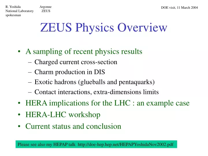 zeus physics overview