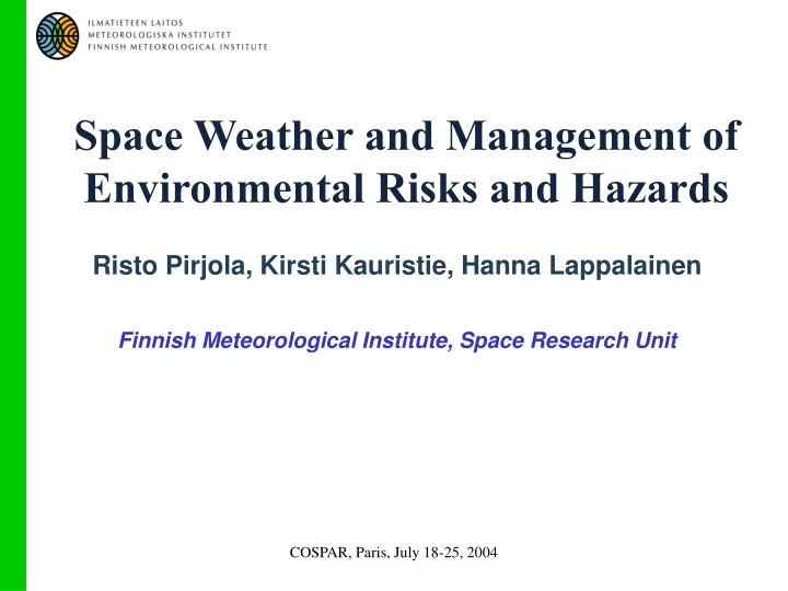 space weather and management of environmental risks and hazards