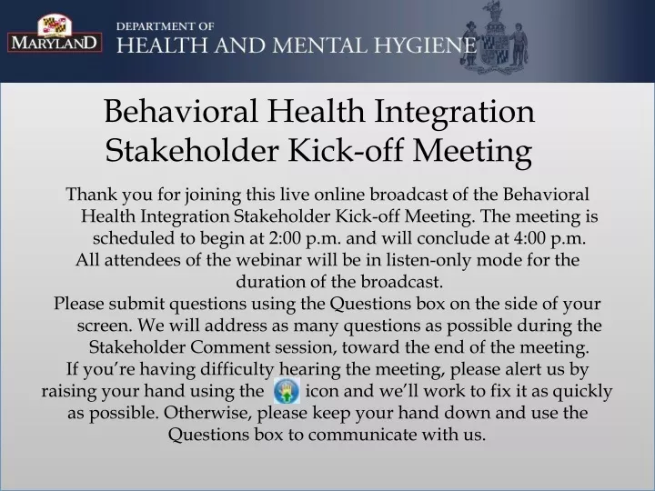 behavioral health integration stakeholder kick off meeting