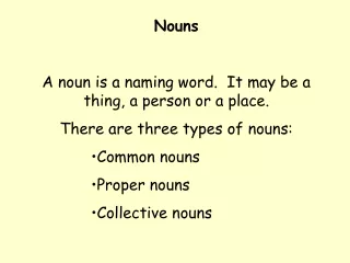 Nouns  A noun is a naming word.  It may be a thing, a person or a place.