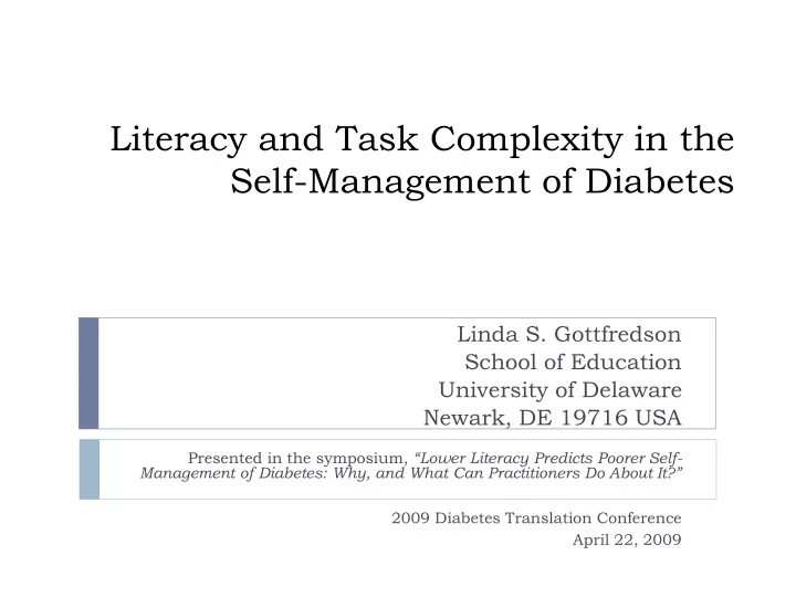 literacy and task complexity in the self management of diabetes