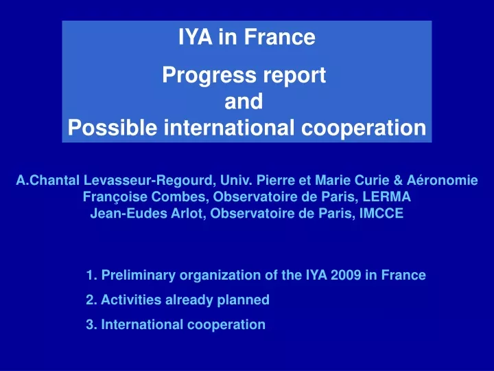 iya in france progress report and possible