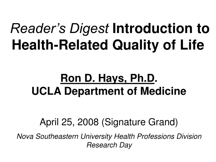reader s digest introduction to health related quality of life