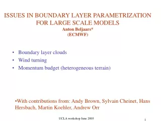 ISSUES IN BOUNDARY LAYER PARAMETRIZATION FOR LARGE SCALE MODELS Anton Beljaars* (ECMWF)