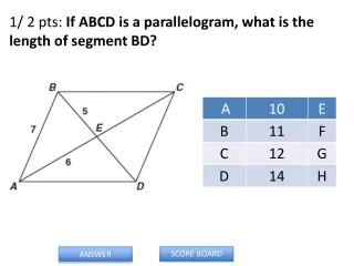 1/ 2 pts:  If ABCD is a parallelogram, what is the length of segment BD?