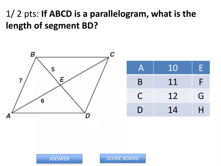1 2 pts if abcd is a parallelogram what is the length of segment bd