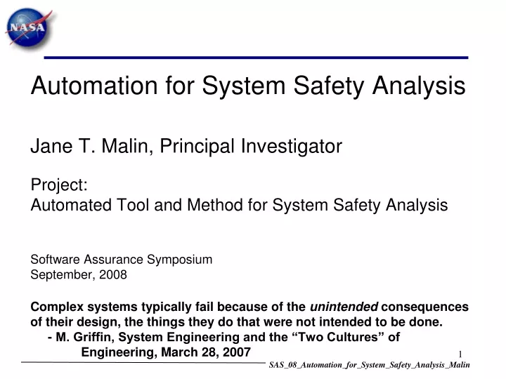 automation for system safety analysis jane