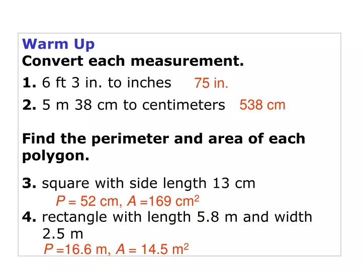 warm up convert each measurement