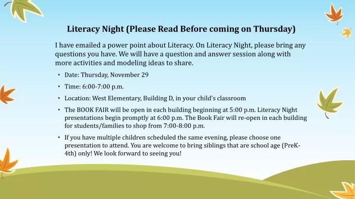 literacy night please read before coming