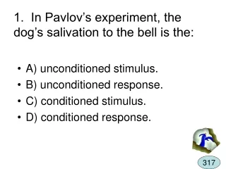 1.  In Pavlov’s experiment, the dog’s salivation to the bell is the: