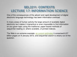 SEL2211:  Contexts Lecture 17: Information Science