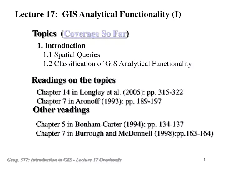 lecture 17 gis analytical functionality i
