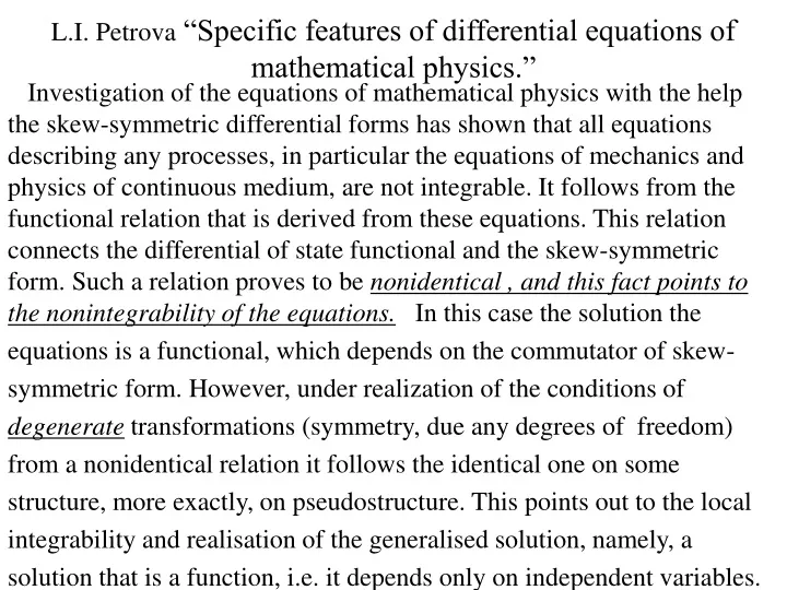 l i petrova specific features of differential equations of mathematical physics