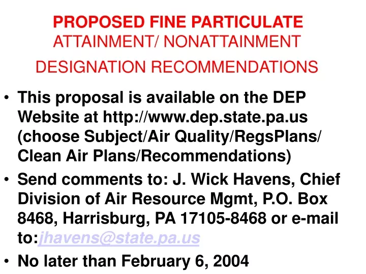 proposed fine particulate attainment nonattainment designation recommendations