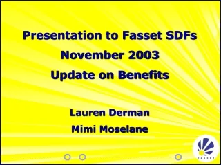 Presentation to Fasset SDFs November 2003 Update on Benefits Lauren Derman Mimi Moselane