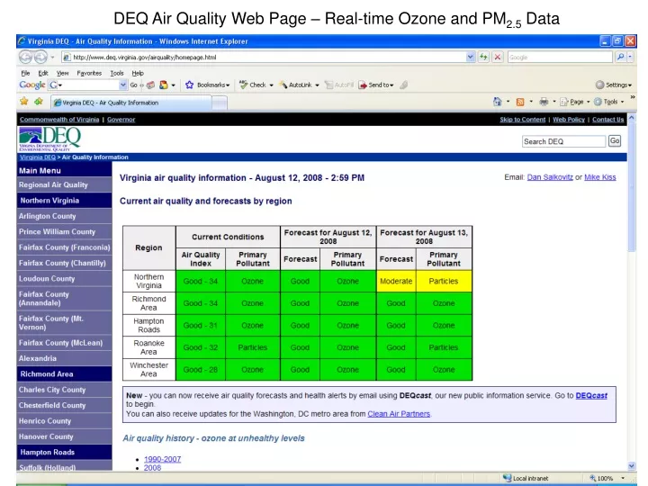 deq air quality web page real time ozone