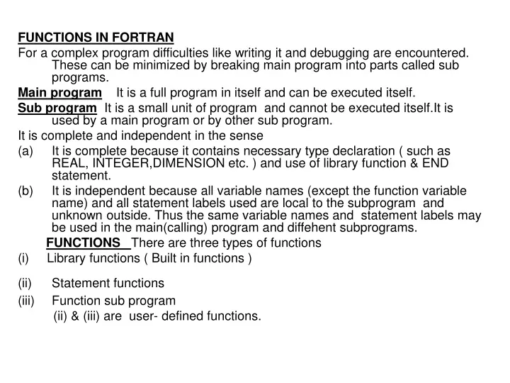 functions in fortran for a complex program