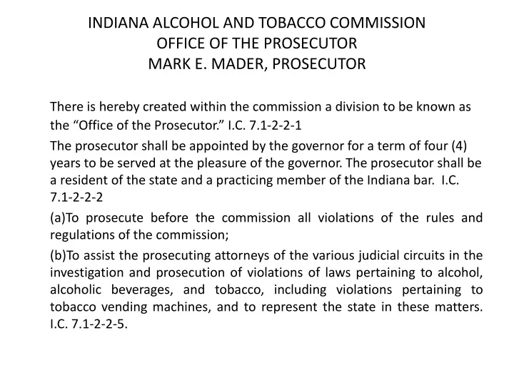 indiana alcohol and tobacco commission office of the prosecutor mark e mader prosecutor