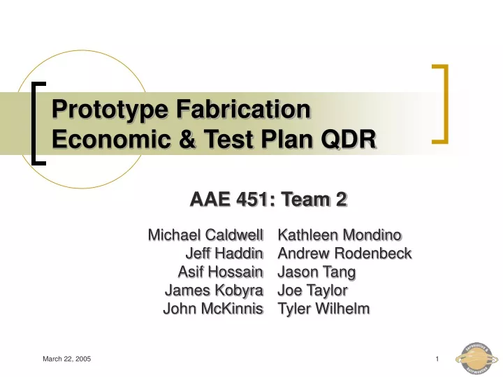 prototype fabrication economic test plan qdr