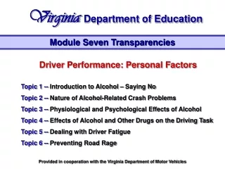 Driver Performance: Personal Factors Topic 1 --  Introduction to Alcohol – Saying No