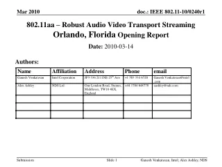 802.11aa – Robust Audio Video Transport Streaming  Orlando, Florida Opening Report
