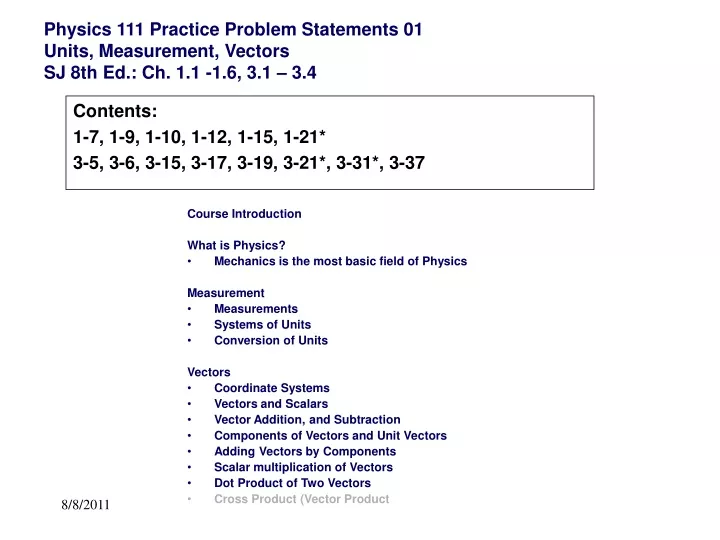 physics 111 practice problem statements 01 units measurement vectors sj 8th ed ch 1 1 1 6 3 1 3 4