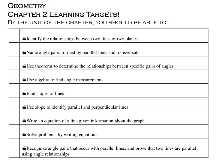 geometry chapter 2 learning targets by the unit