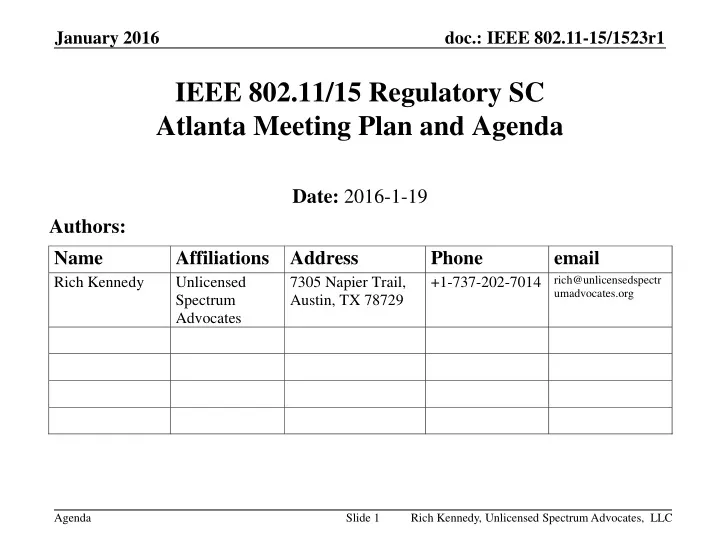 ieee 802 11 15 regulatory sc atlanta meeting plan and agenda