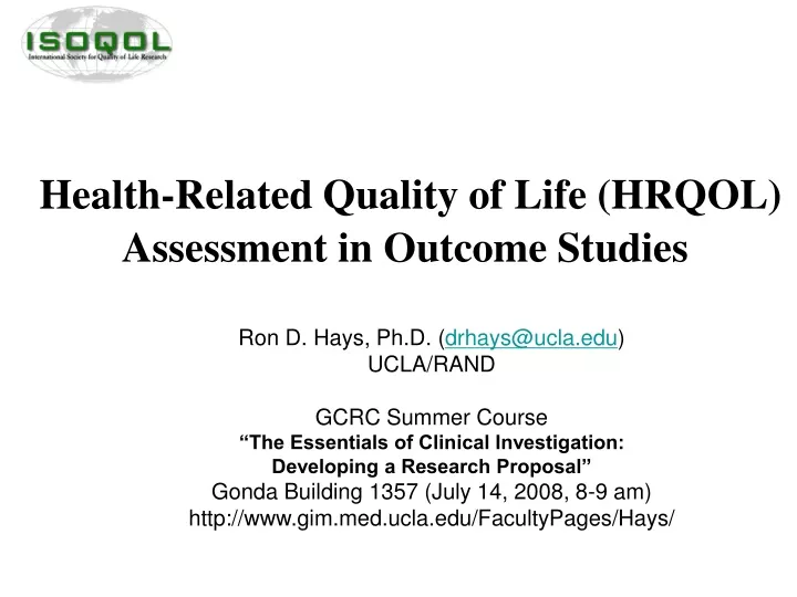 health related quality of life hrqol assessment in outcome studies