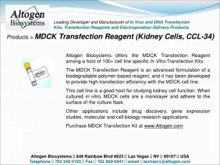 Products &gt;  MDCK Transfection Reagent (Kidney Cells, CCL-34)