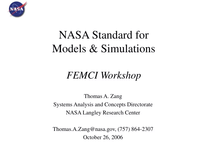 nasa standard for models simulations femci workshop