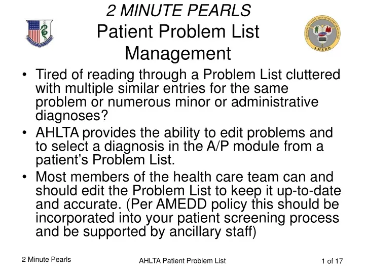 2 minute pearls patient problem list management