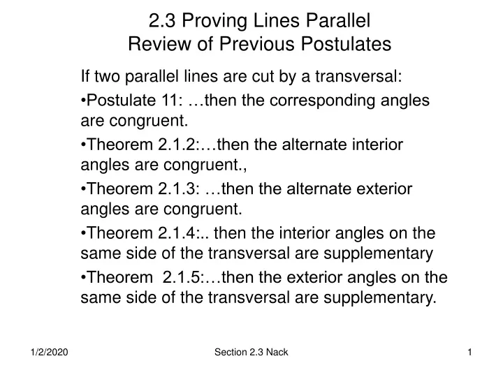 2 3 proving lines parallel review of previous postulates