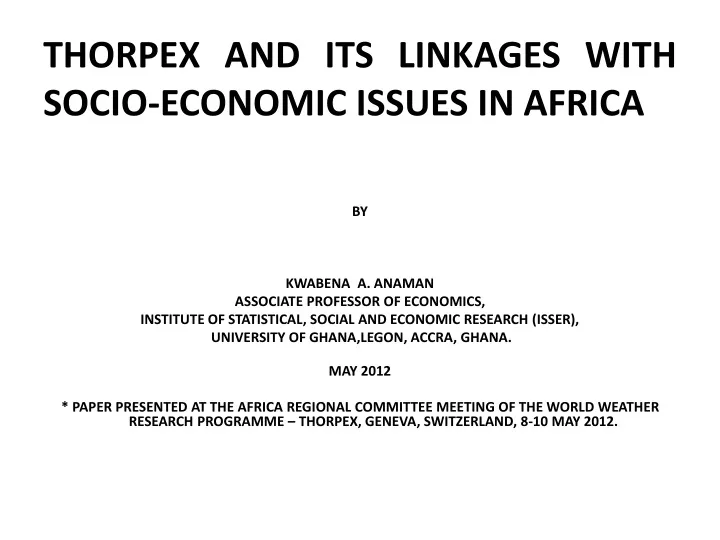 thorpex and its linkages with socio economic issues in africa