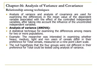 Chapter-16: Analysis of Variance and Covariance  Relationship among techniques