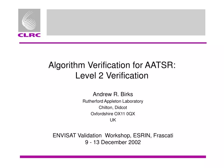 algorithm verification for aatsr level 2 verification