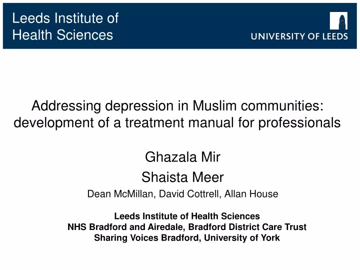 addressing depression in muslim communities development of a treatment manual for professionals