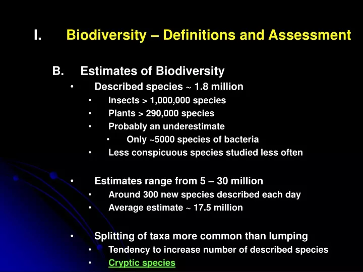 biodiversity definitions and assessment estimates
